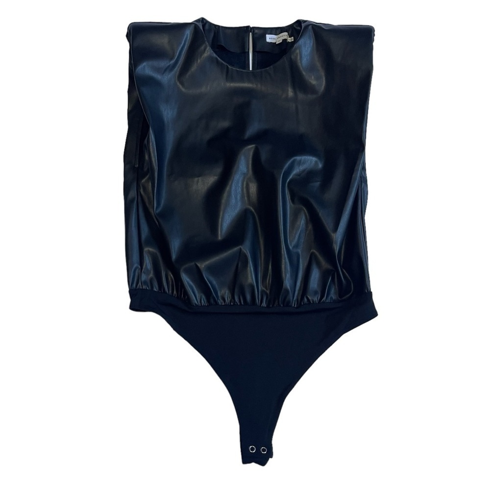 Good American Black Faux Leather Padded Shoulder Bodysuit US 2
